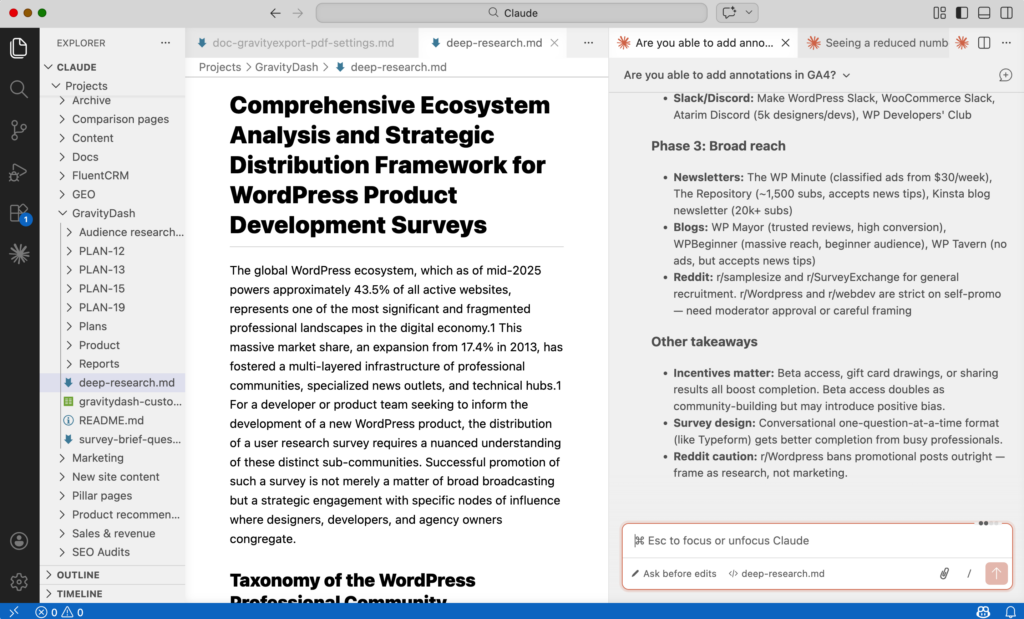 Claude Code generating a comprehensive ecosystem analysis document titled 'Comprehensive Ecosystem Analysis and Strategic Distribution Framework for WordPress Product Development Surveys,' shown in a split-pane VS Code editor with the terminal on the right and a Markdown preview on the left