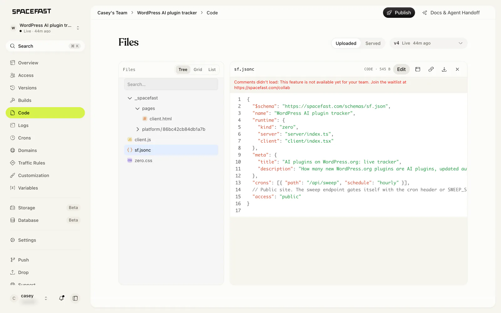 The tracker's sf.jsonc config file in the Spacefast dashboard, declaring the Zero runtime, a one-line hourly cron job for /api/sweep, and public access