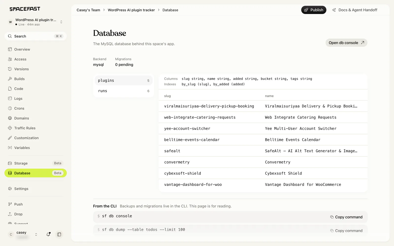 The Spacefast database page for the tracker, showing the plugins and runs tables, their columns and indexes, and rows of real plugin names