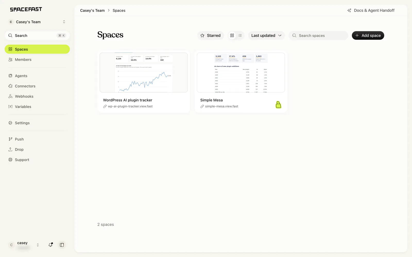 The Spacefast dashboard listing two Spaces: the WordPress AI plugin tracker, and a private test page marked with a padlock
