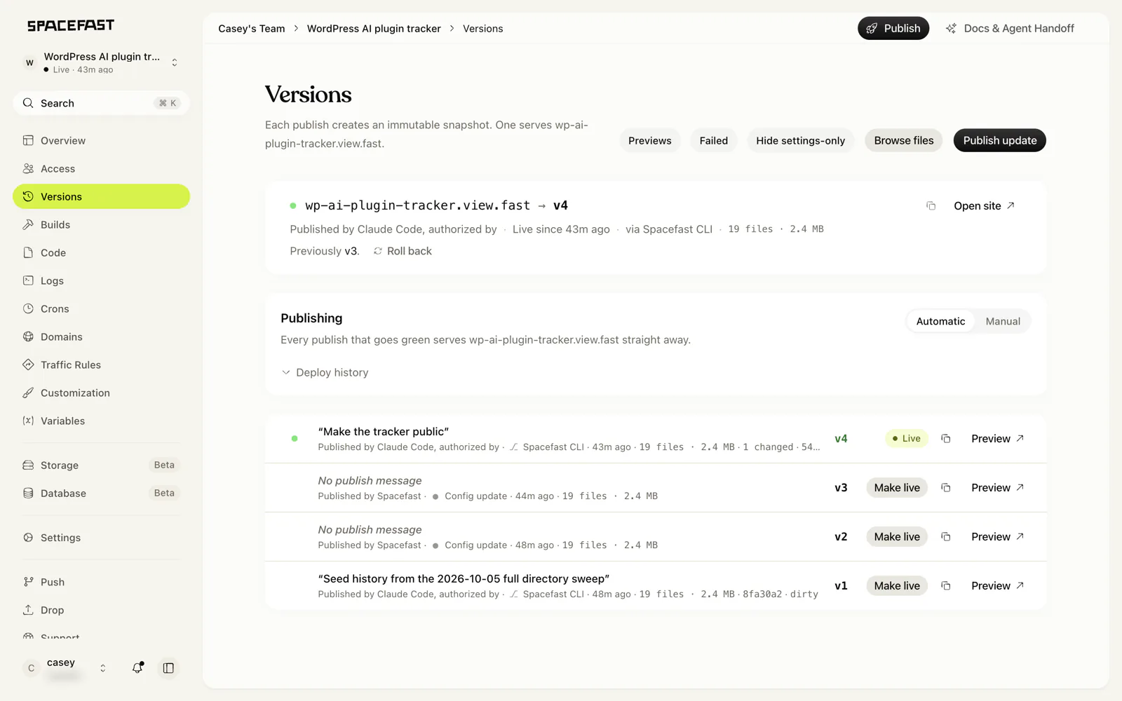 The tracker's version history in Spacefast, with each publish listed as a version you can roll back to, including two Config update versions created by saving a secret
