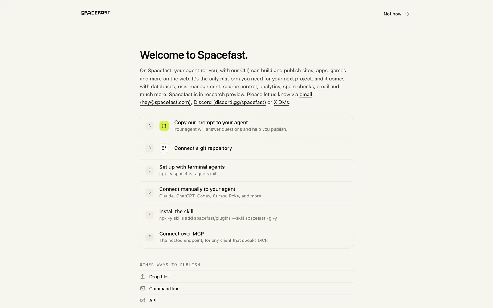 Spacefast's welcome page, which calls Spacefast a research preview and lists six ways to connect an agent, with Copy our prompt to your agent as the first option
