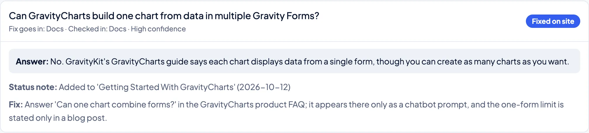One tracker row opened: the verified answer, a status note saying where it was fixed, and the original fix