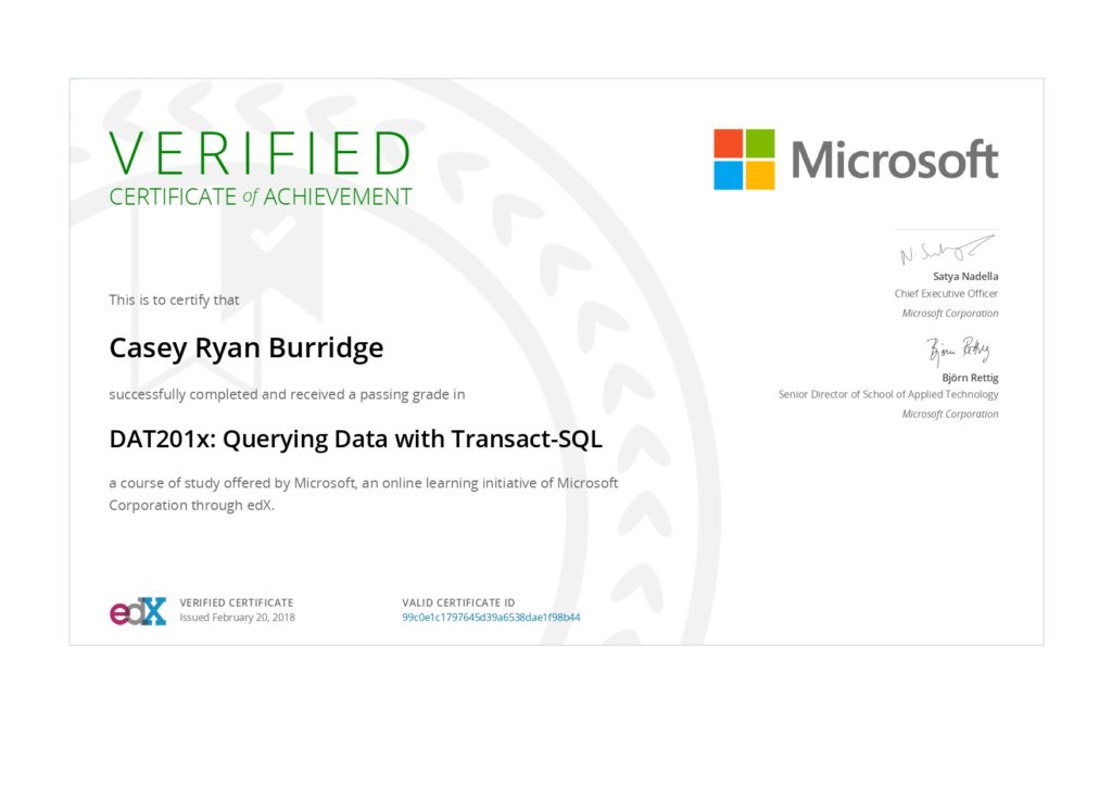 Microsoft DAT201x certificate